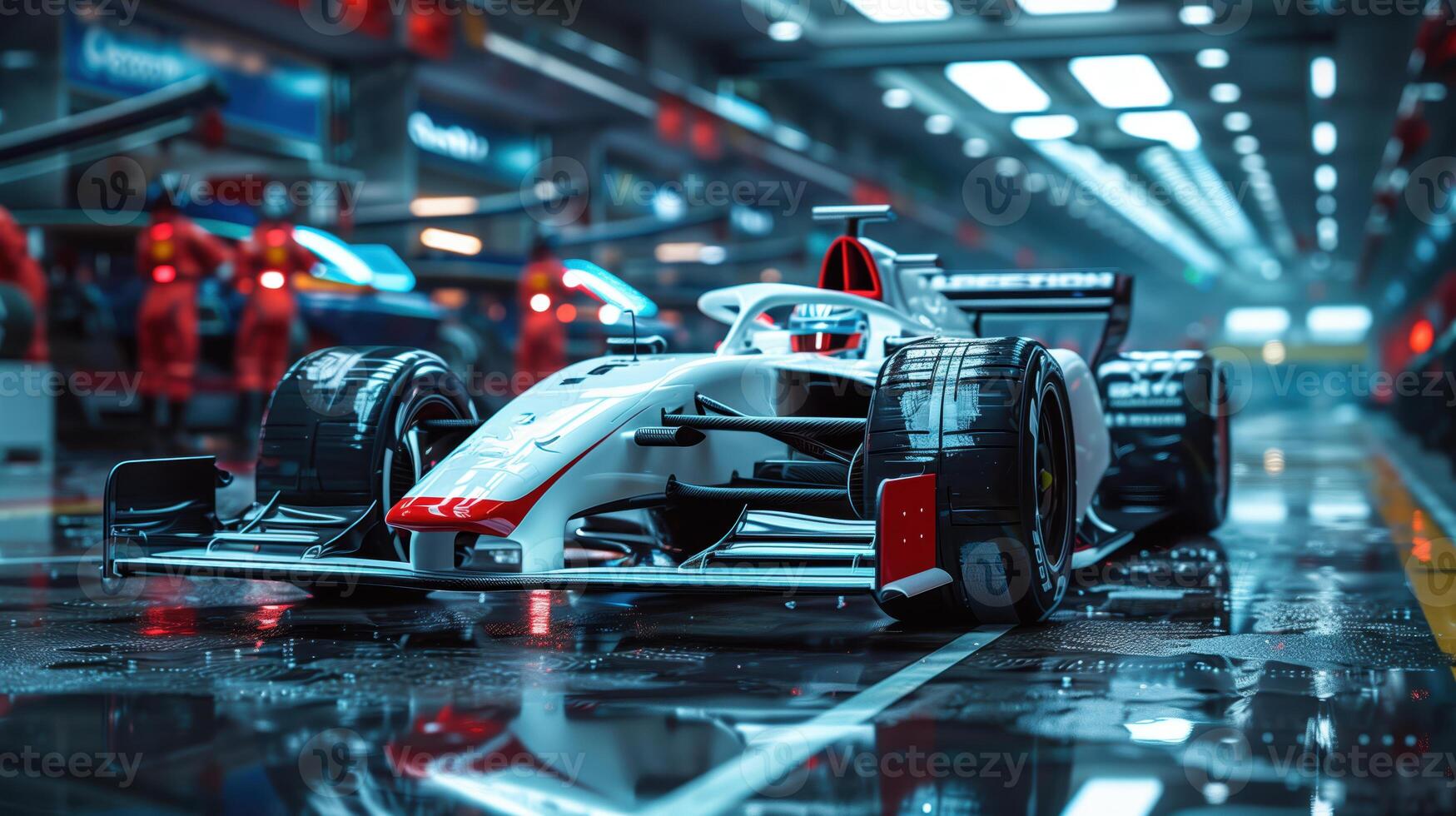 Front View of White Formula 1 Car in Garage with Red Highlights photo