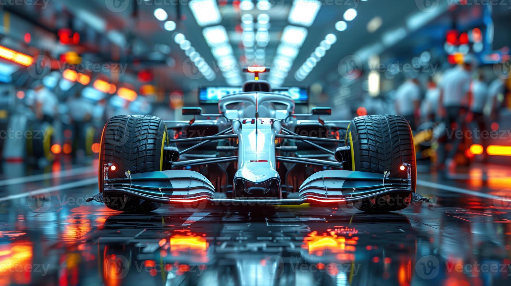 Front View of White Formula 1 Car in Garage Under Bright Lights photo