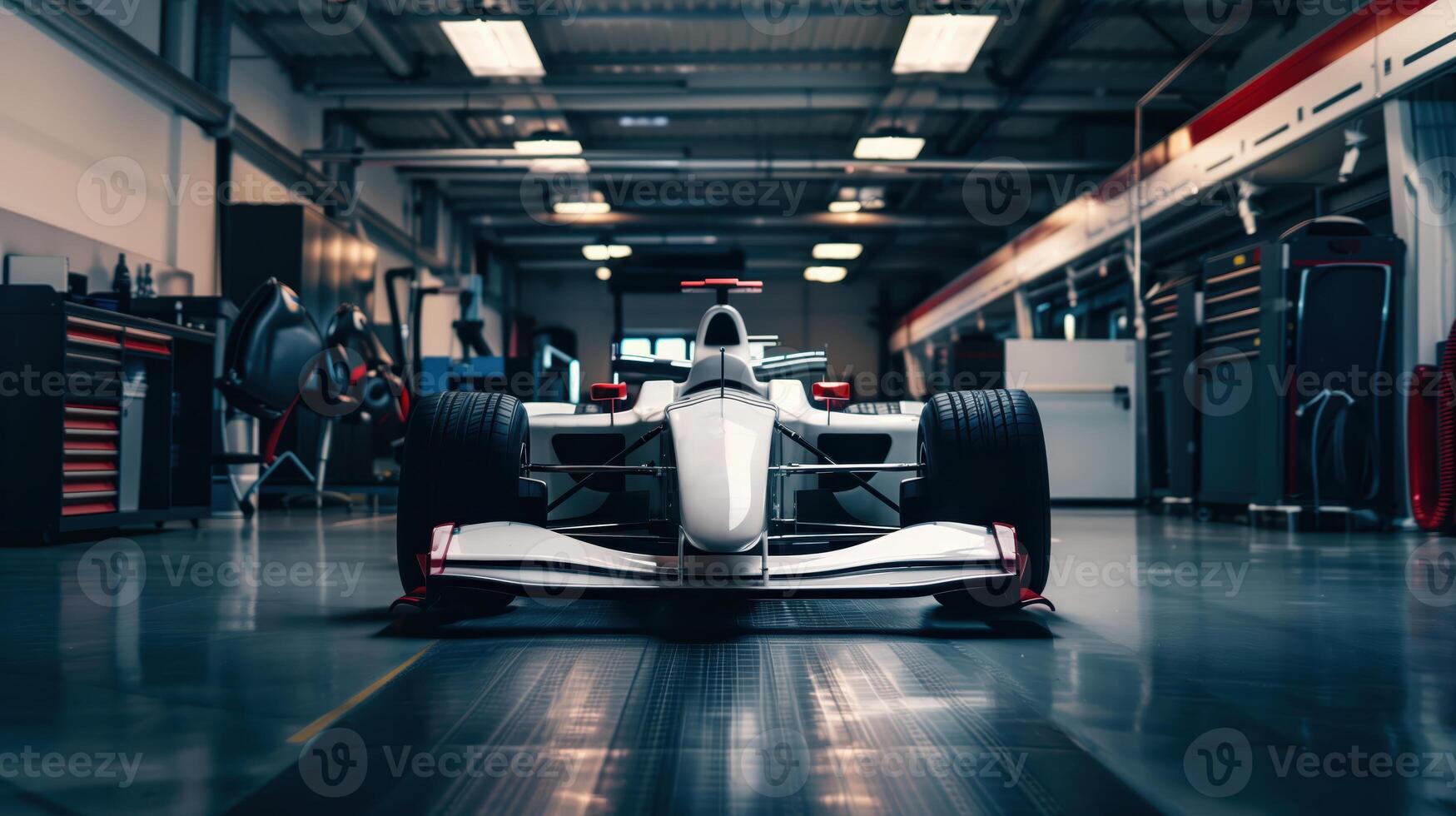 Front View of a White Formula 1 Car in a High-Tech Garage photo