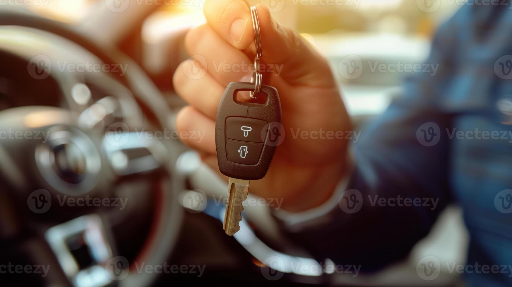 Close-Up Of Salesman Holding New Car Key In Auto Showroom photo