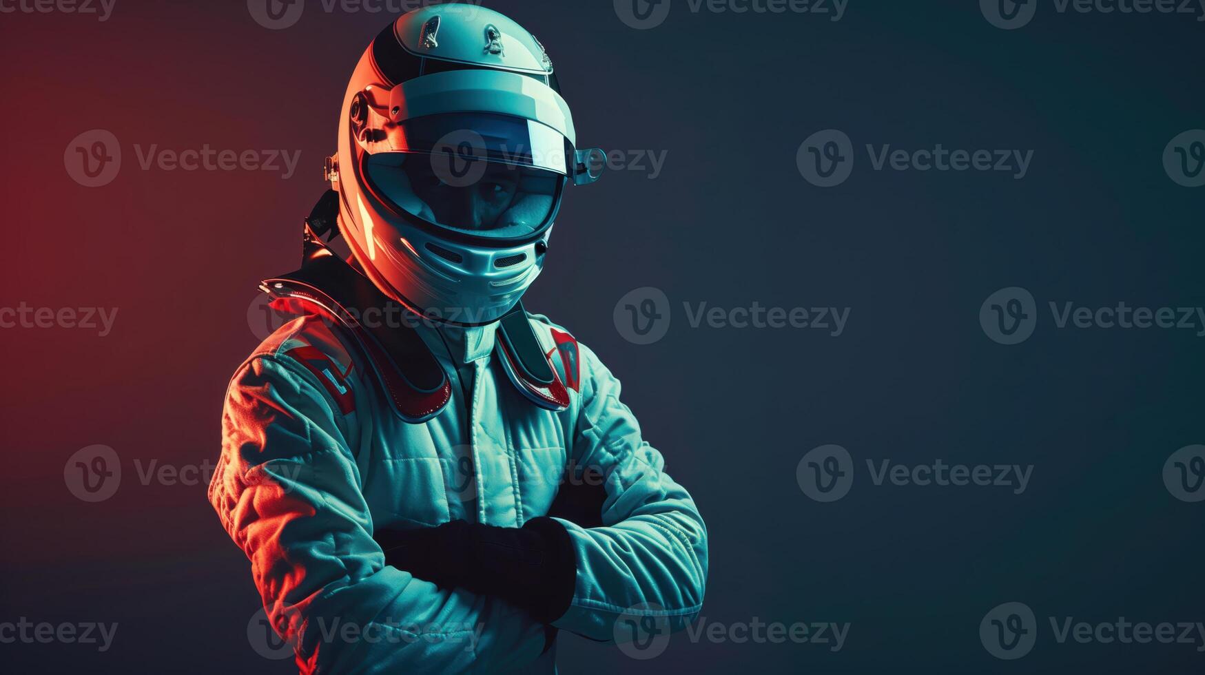 Professional Racing Driver in Helmet and Suit Standing with Crossed Arms photo