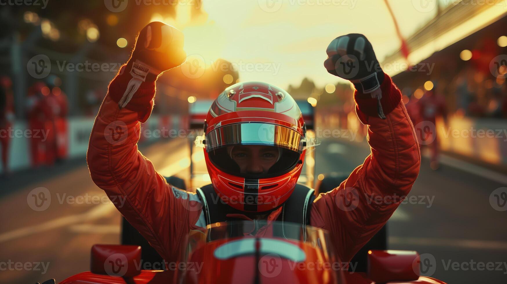 Formula 1 Driver Celebrates Victory at Sunset After Winning the Race photo