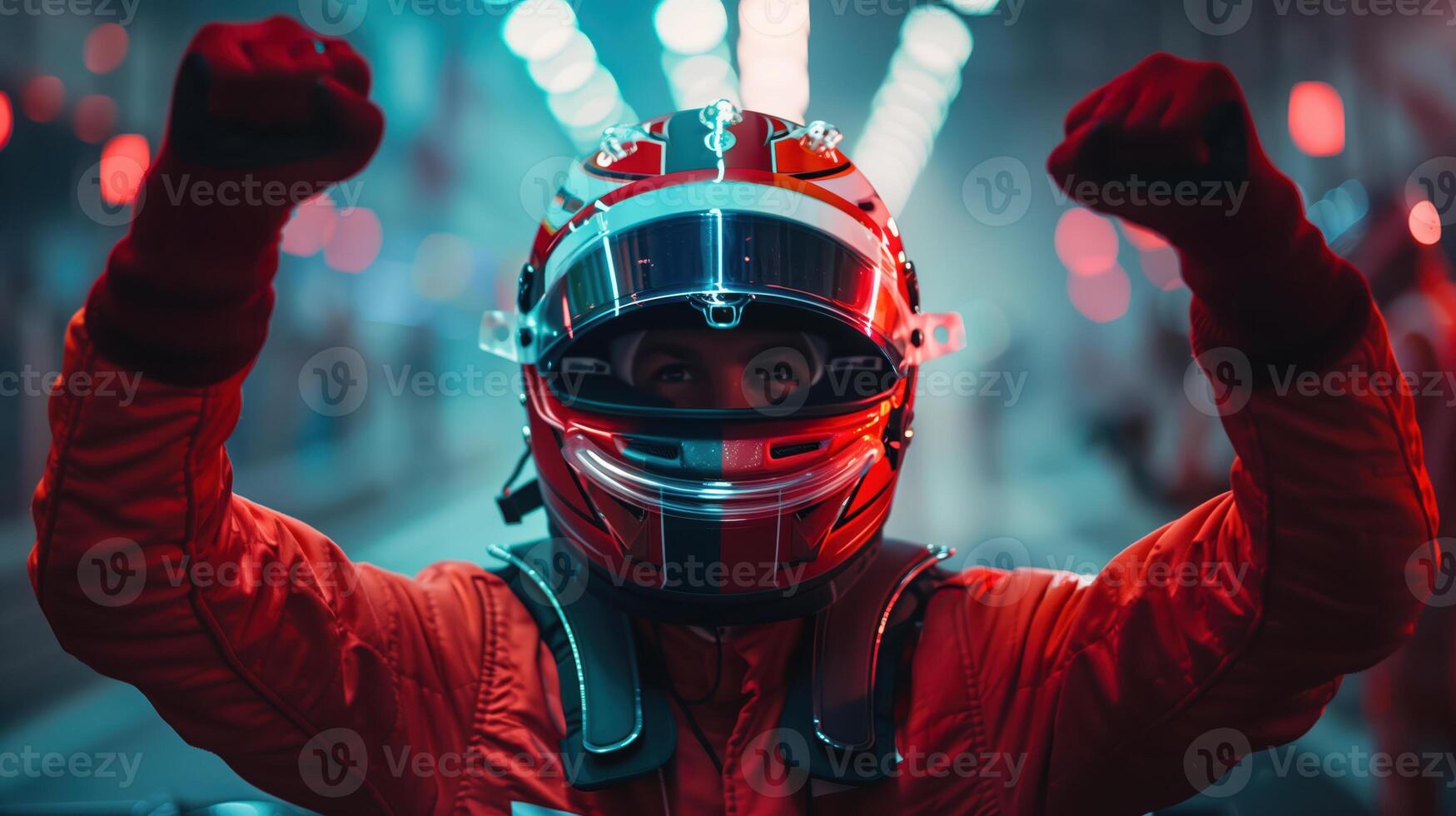 Formula One Driver Celebrating Victory with Raised Arms in a Race Track Environment photo