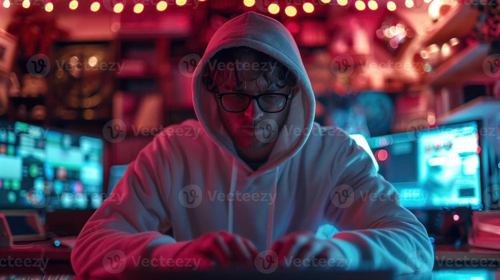 Focused Young Programmer Working on Computer at Night in Dimly Lit Room photo