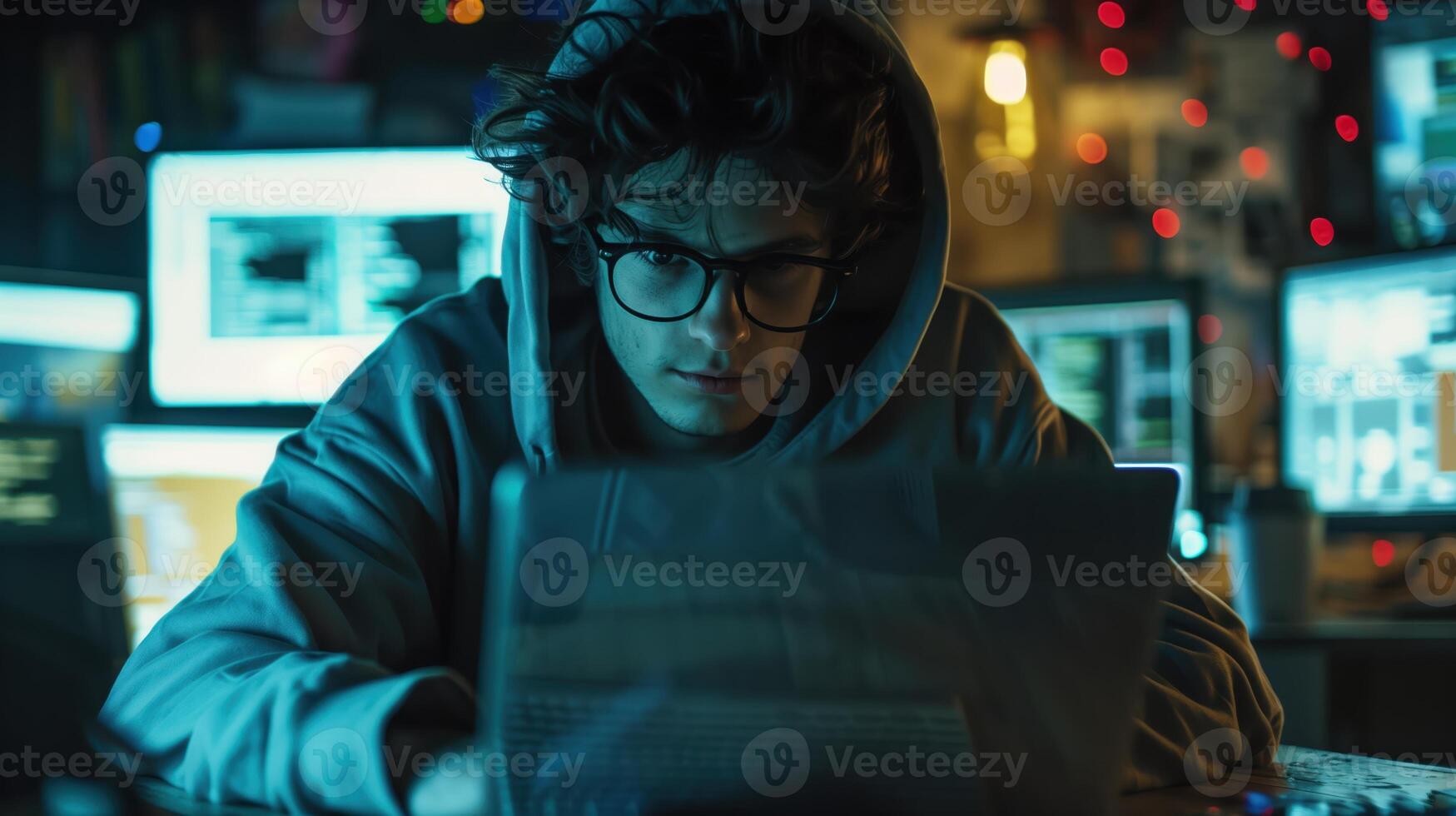 Focused Programmer Working Late On Laptop in Dimly Lit Room with Multiple Screens photo