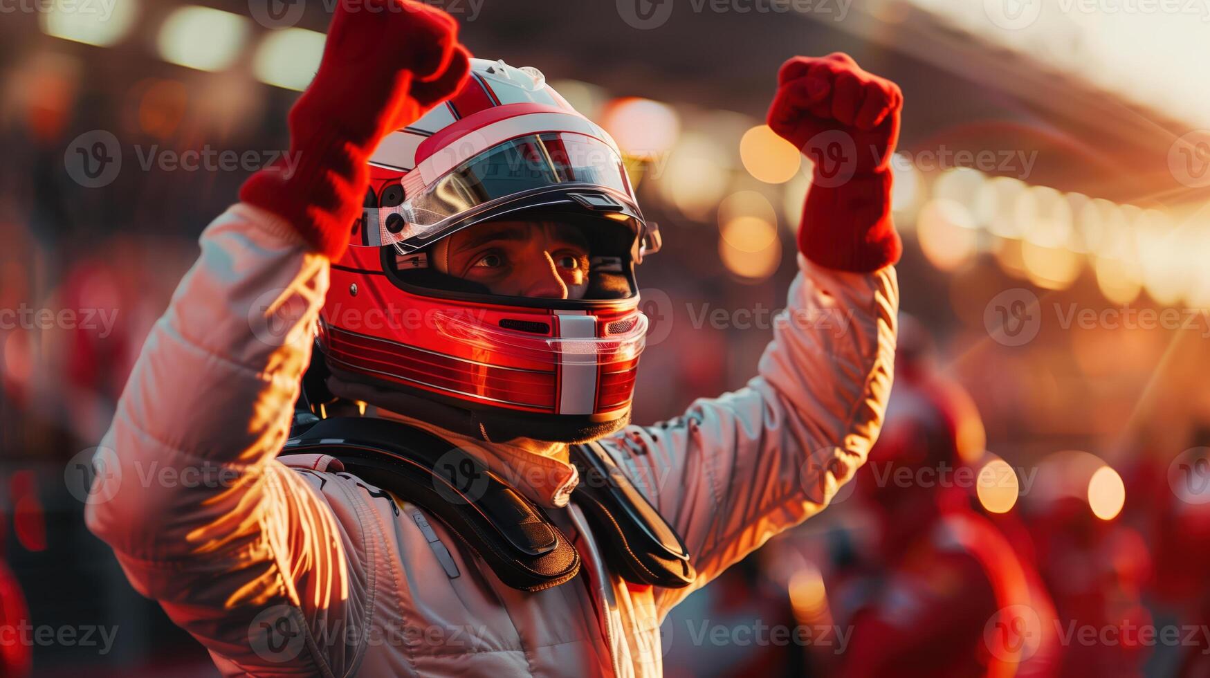 Formula 1 Driver Celebrates Victory with Raised Fists in Triumph on Race Track photo