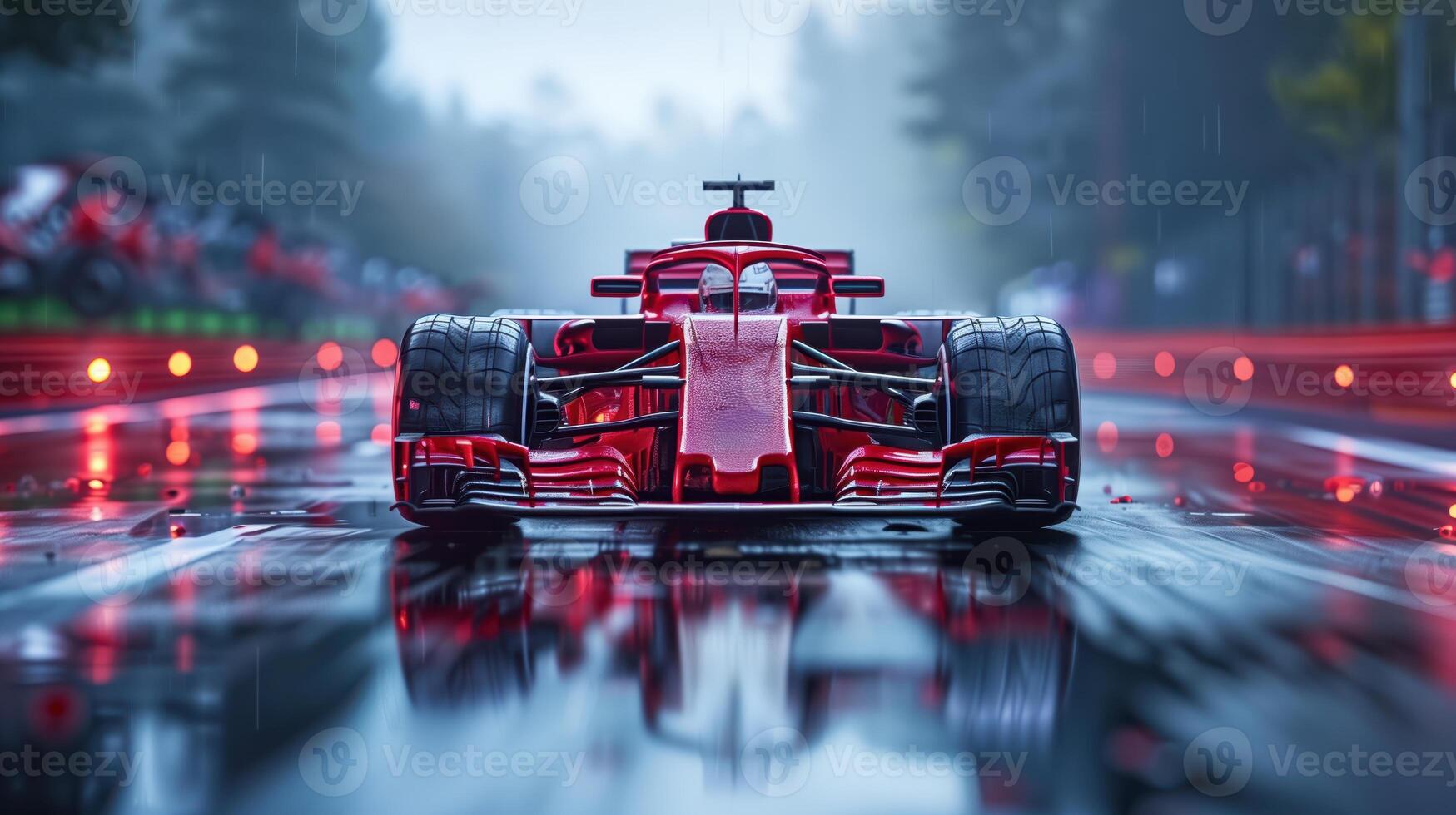 Formula 1 Race Car on a Wet Track in the Rain with Blurred Background photo