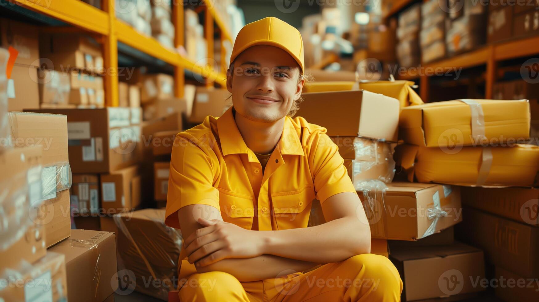 Smiling Courier in Yellow Uniform Posing in a Warehouse Full of Packages photo