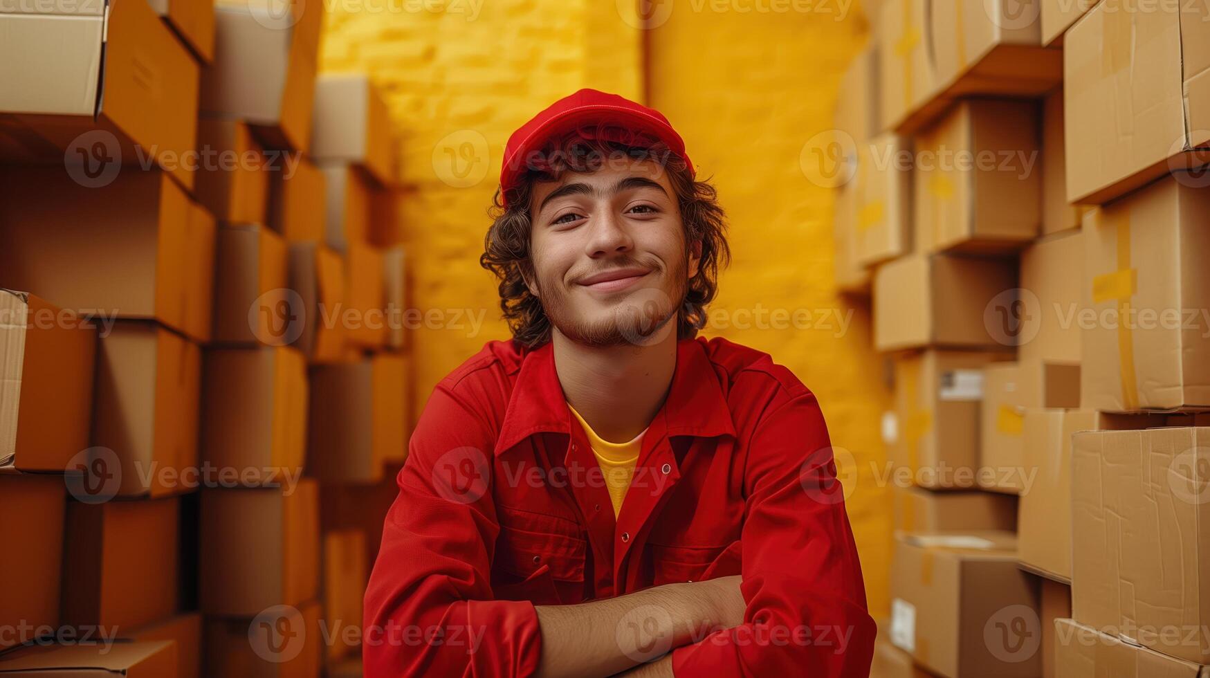 Courier Wearing Red Uniform Smiling Happily Surrounded By Cardboard Boxes in Warehouse photo