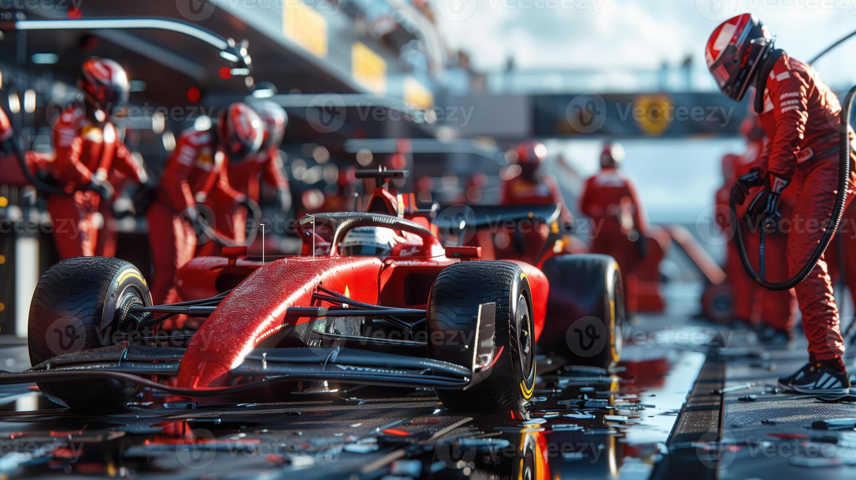 Formula One Racing Team Working at Pit Stop with Red Car in Focus photo