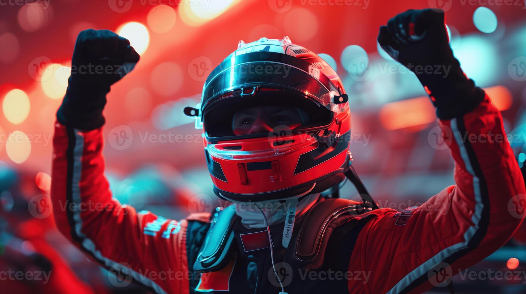 Formula 1 Driver Celebrating Victory With Raised Fists at Night Race photo