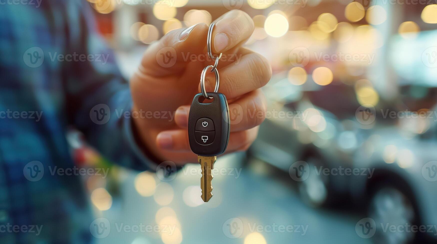 Close-Up of Salesman Holding New Car Key in Auto Showroom with Bokeh Background photo