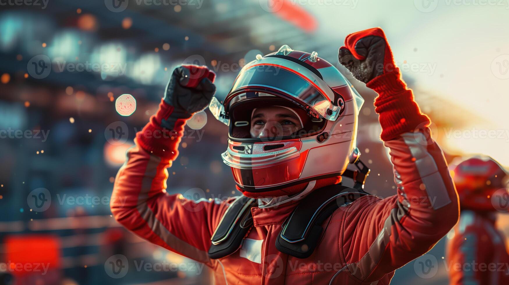 Formula 1 Driver Celebrates Victory with Raised Fists on the Podium photo