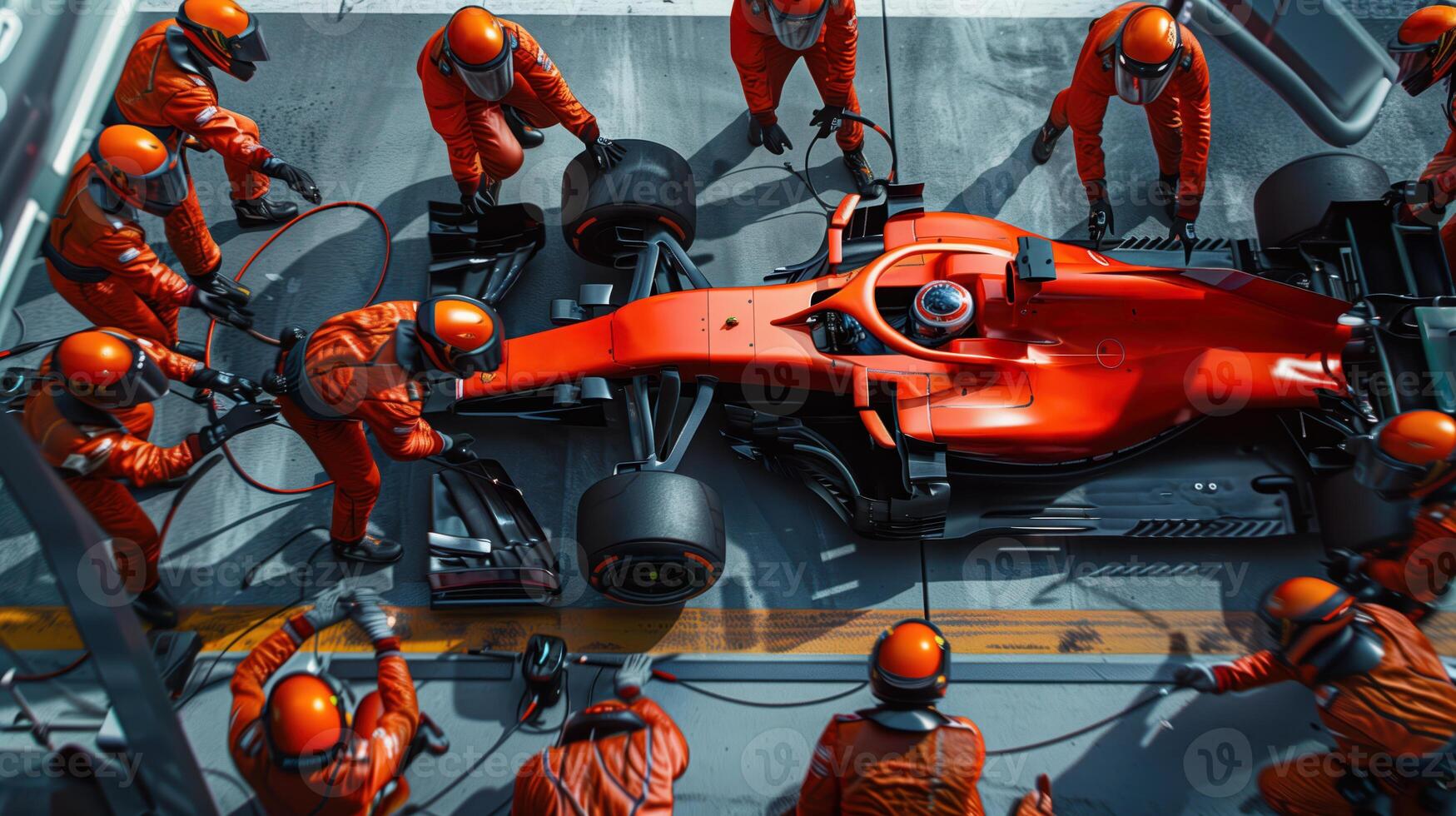 High-Angle View of Formula One Pit Stop Crew Working on Red Race Car photo