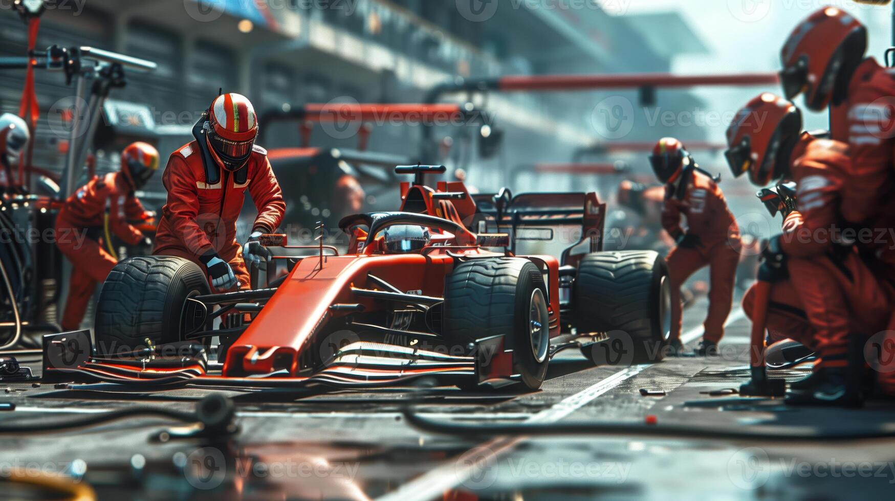 Formula One Racing Team Performing Quick Pit Stop at Racing Event photo