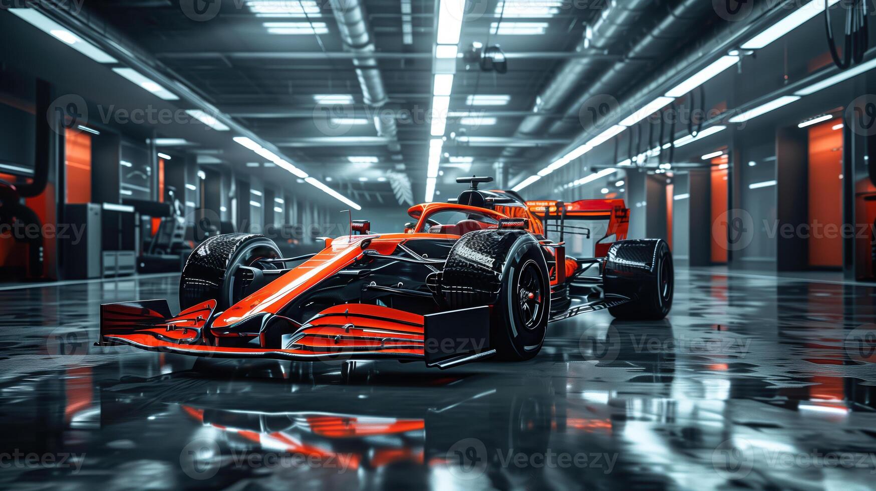 Red Formula One Car in Modern Garage Ready for Racing photo