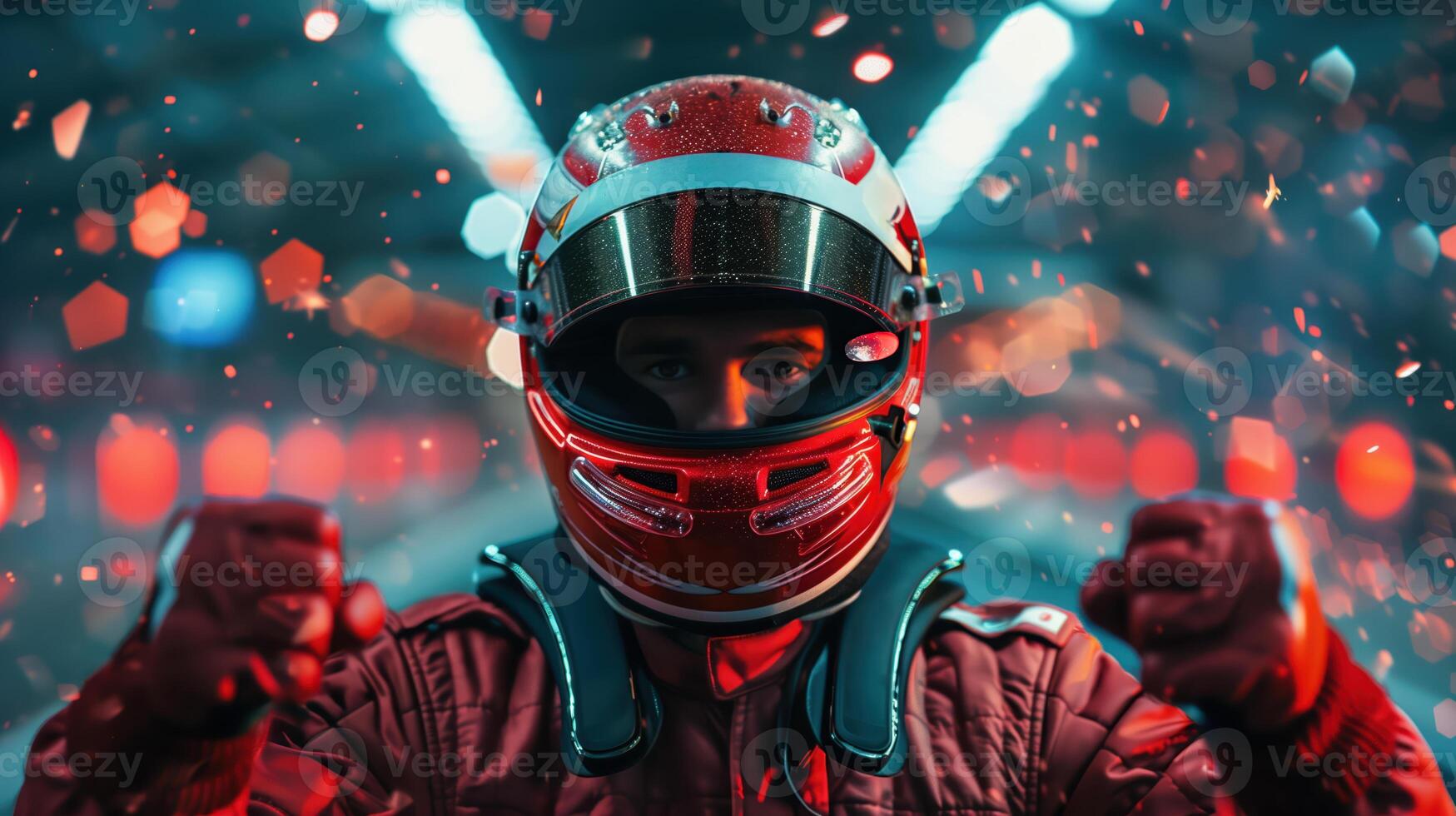 Formula 1 Driver Celebrates Victory with Fist Pump in Racing Helmet and Suit photo