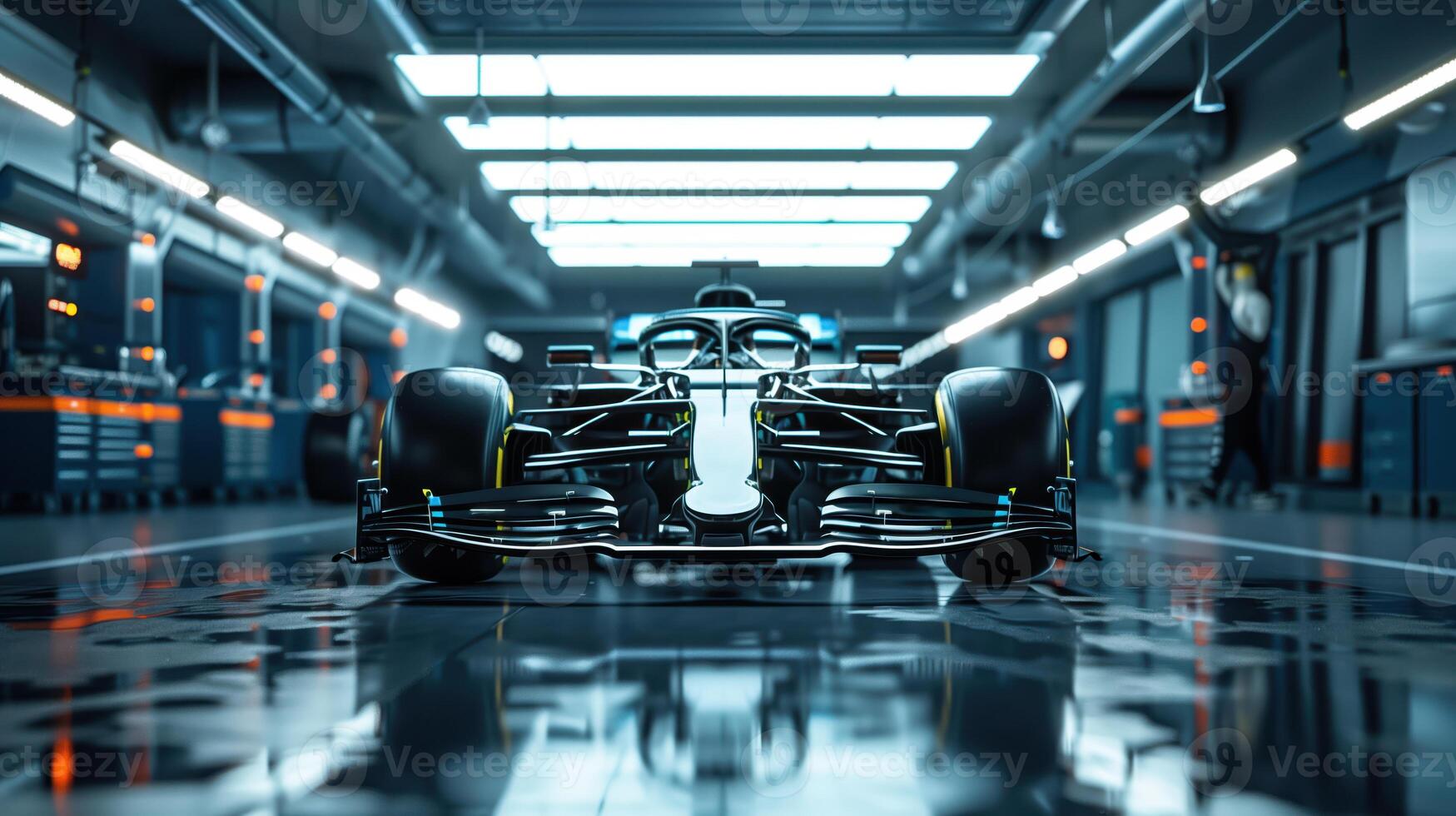 Formula One Car Without Logos in a High-Tech Garage Ready for Race photo