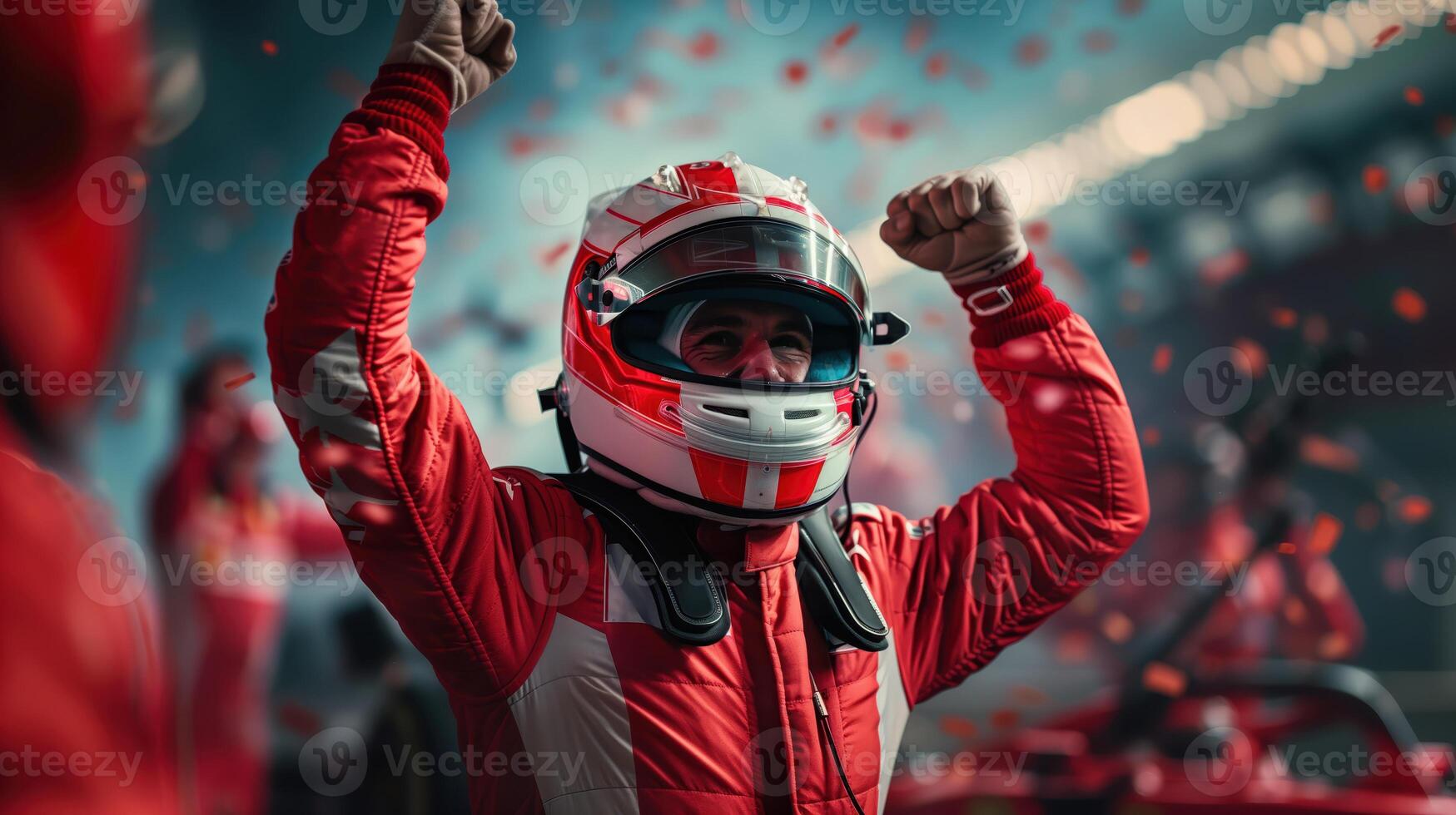 Formula 1 Driver Celebrates Victory with Raised Arms in Excitement and Joy photo