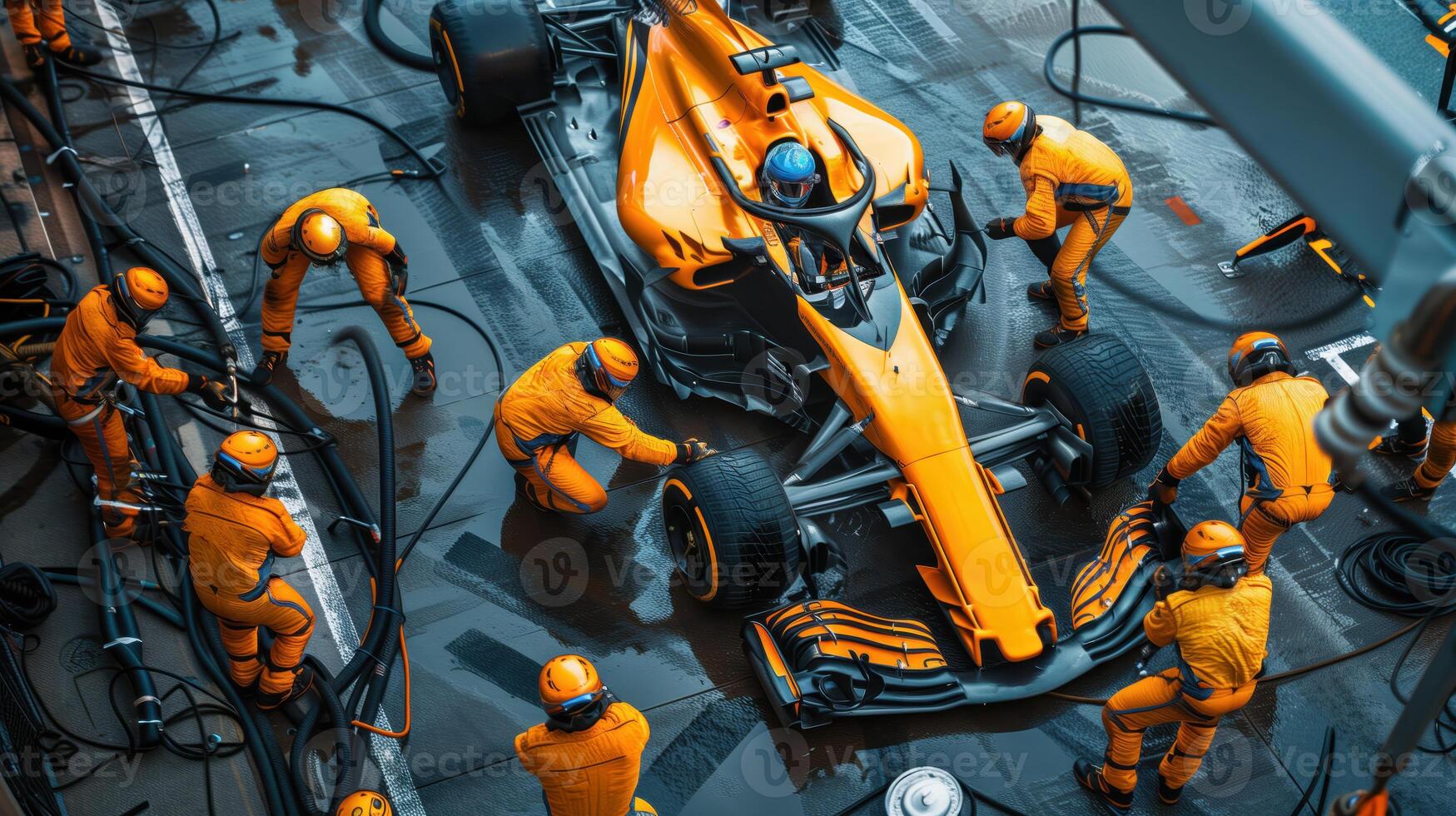 High-Angle View of Formula One Pit Stop Team Working on Race Car photo