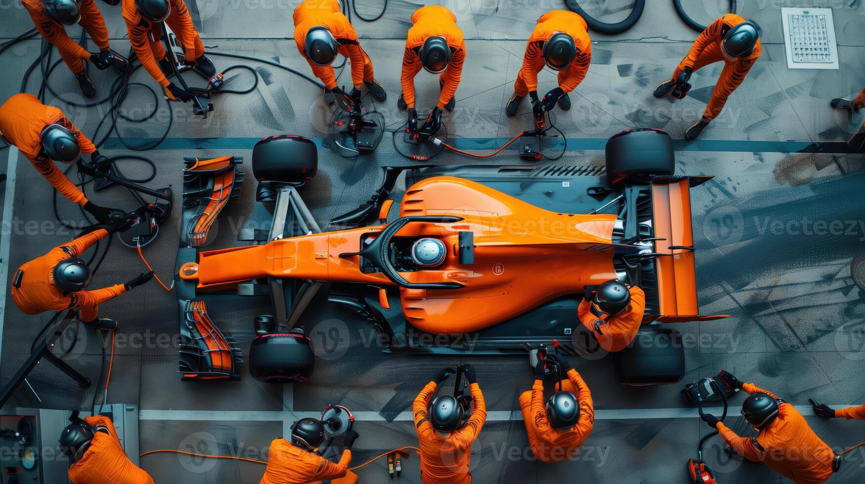 High-Angle View of Formula One Pit Crew Working on Race Car During a Pit Stop photo