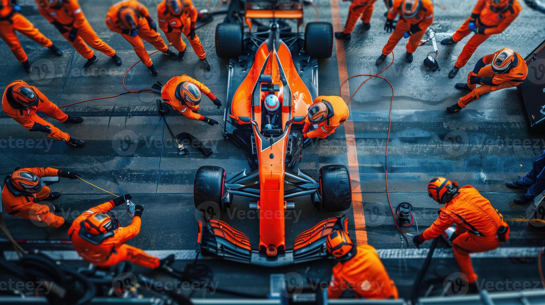High Angle View of Formula One Pit Crew Working on Race Car during Pit Stop photo