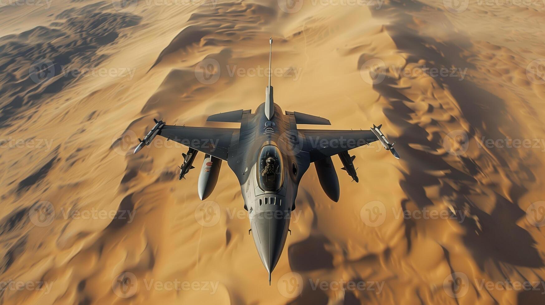F16 Fighter Jet Flying High Above The Desert in a Breathtaking Aerial View photo