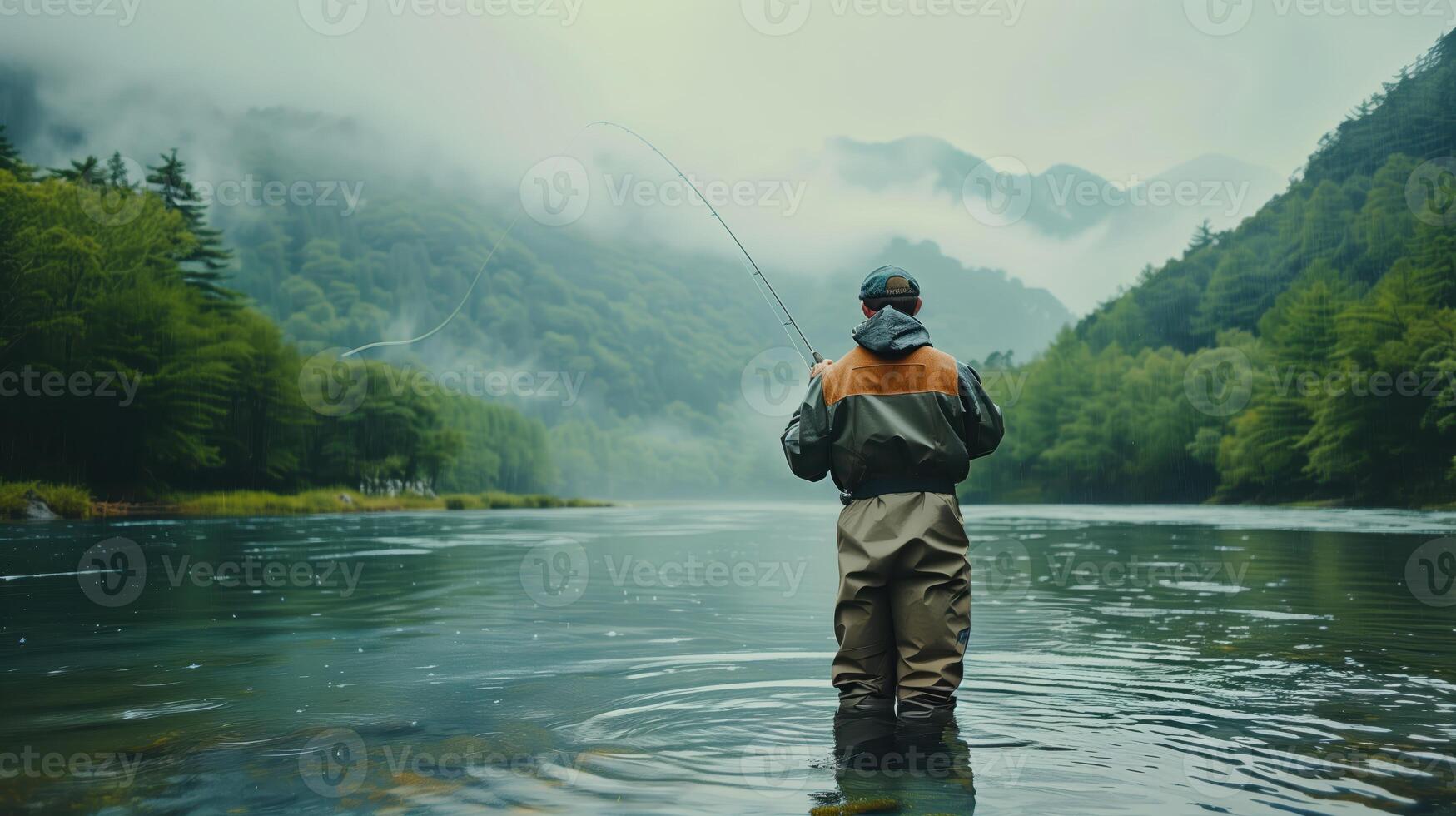 Fishing for Trout by Spinning on a Mountain River with Misty Forest Background photo