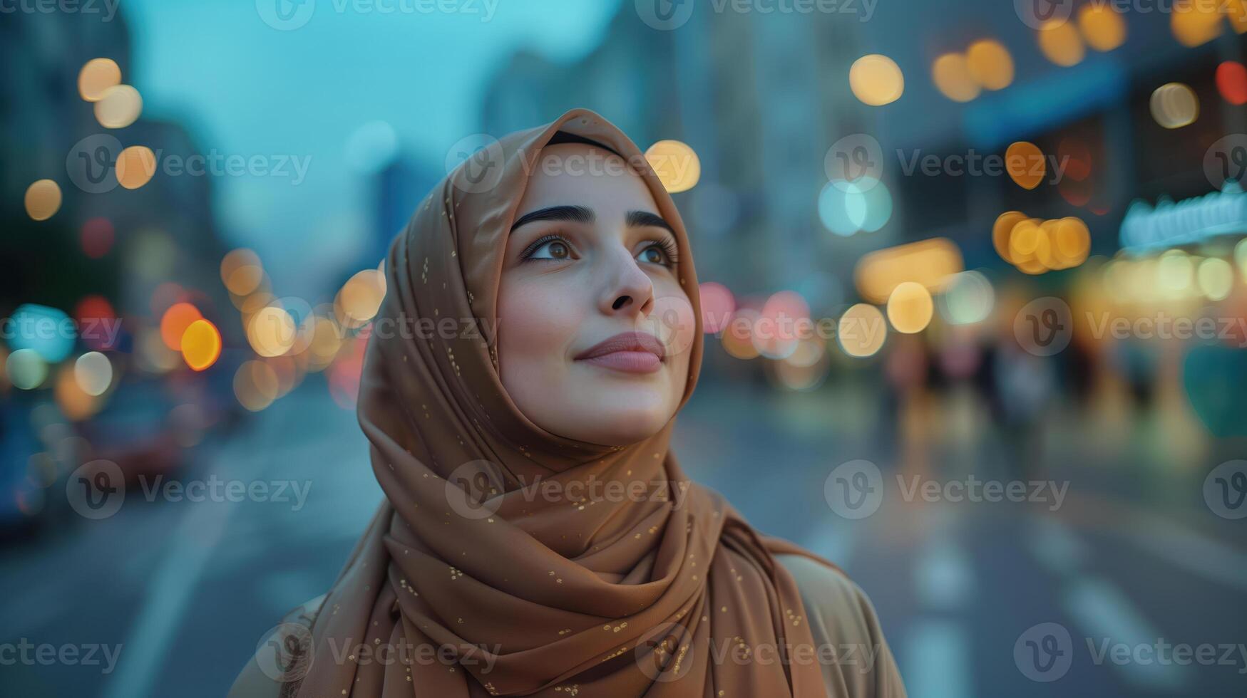 Confident Young Muslim Woman Wearing Hijab in Urban Night City Street Setting with Bokeh Lights photo