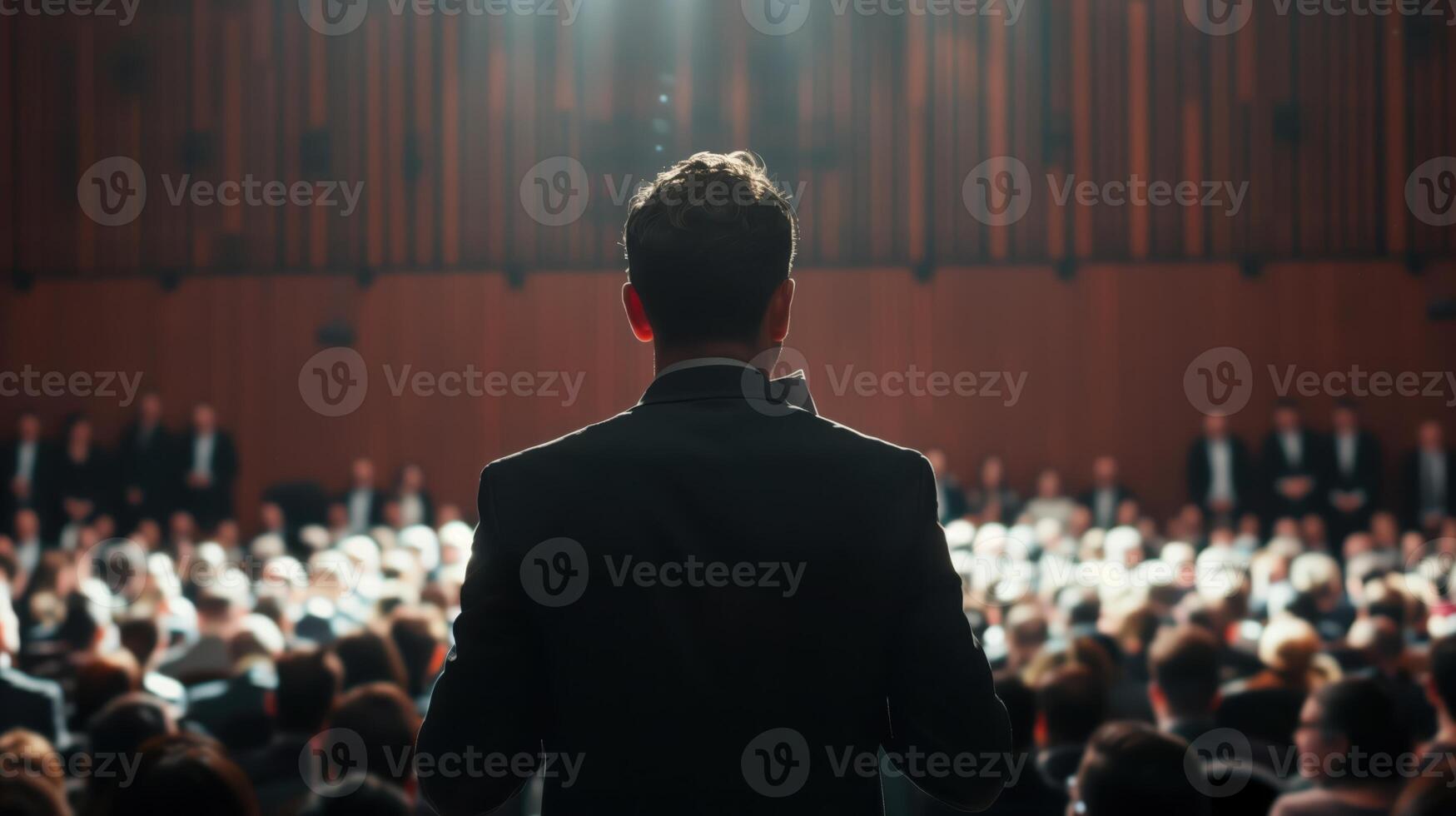 Business Executive Presenting to Large Audience in Conference Hall photo