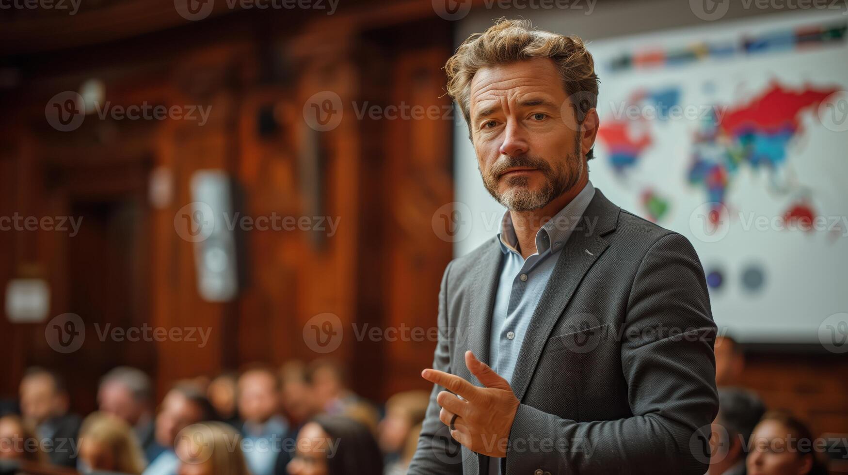 Confident Speaker Presenting to an Engaged Audience with a World Map Background photo