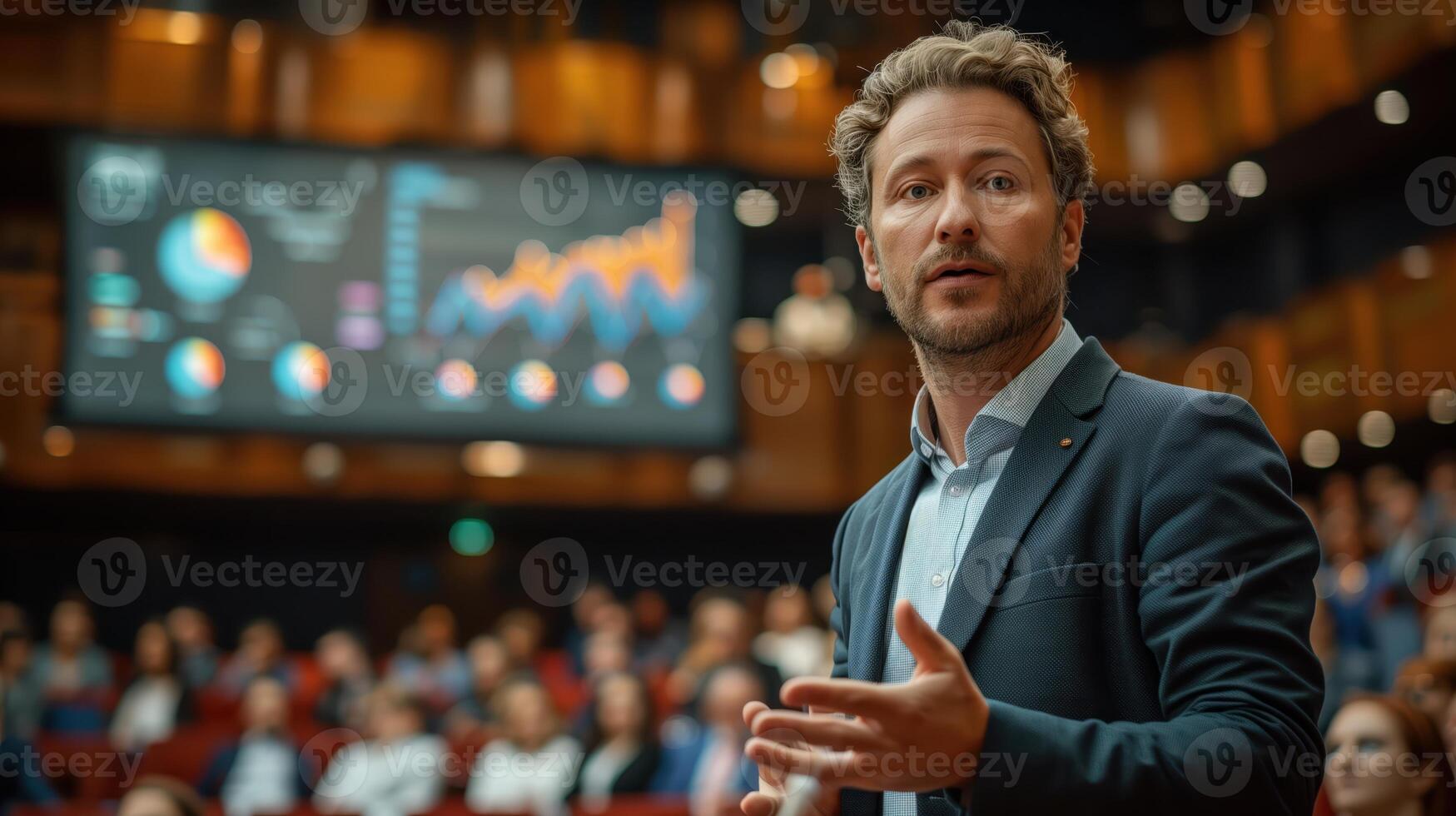 Business Speaker Delivering Presentation On Stage With Data Visualizations Behind photo