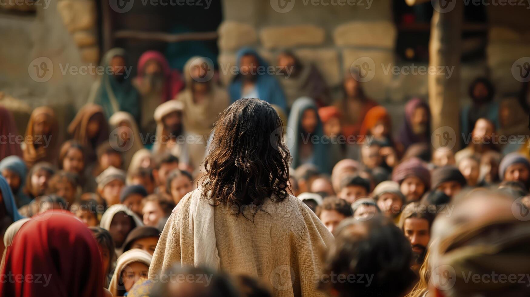 Jesus Teaching Disciples and Crowd of People from the Back View in Biblical Times photo