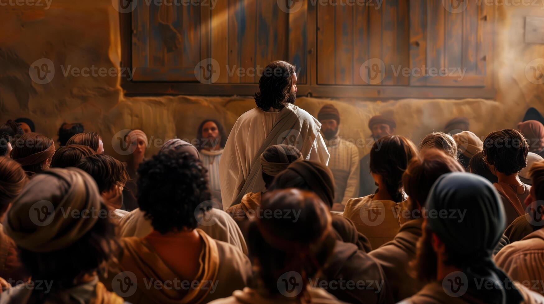 Jesus Teaching Disciples Inside a Warmly Lit Room, Back View of a Biblical Scene photo