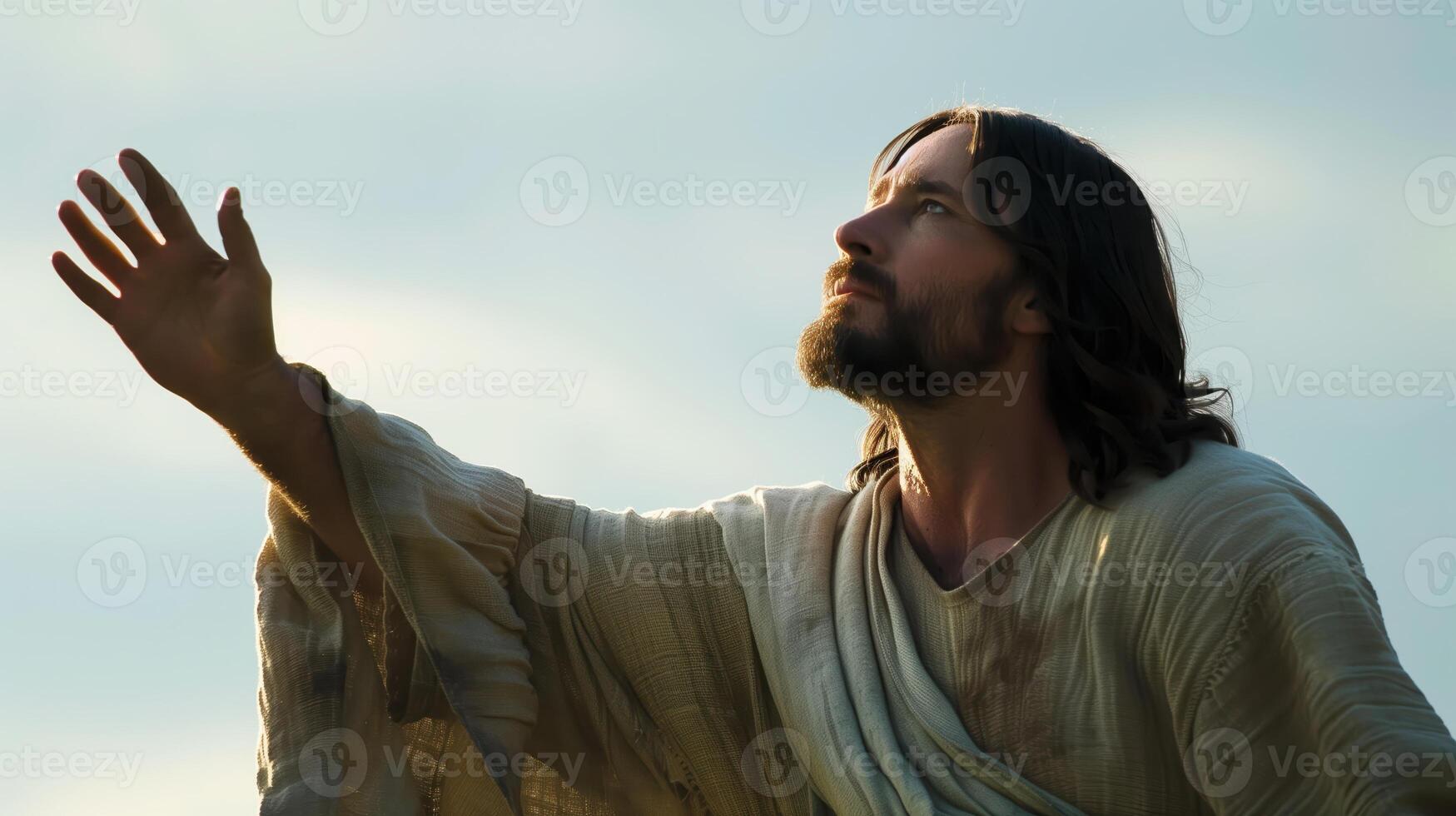 Embracing Redemption Jesus Christ with Open Arms in Meditative Pose Looking Heavenward photo