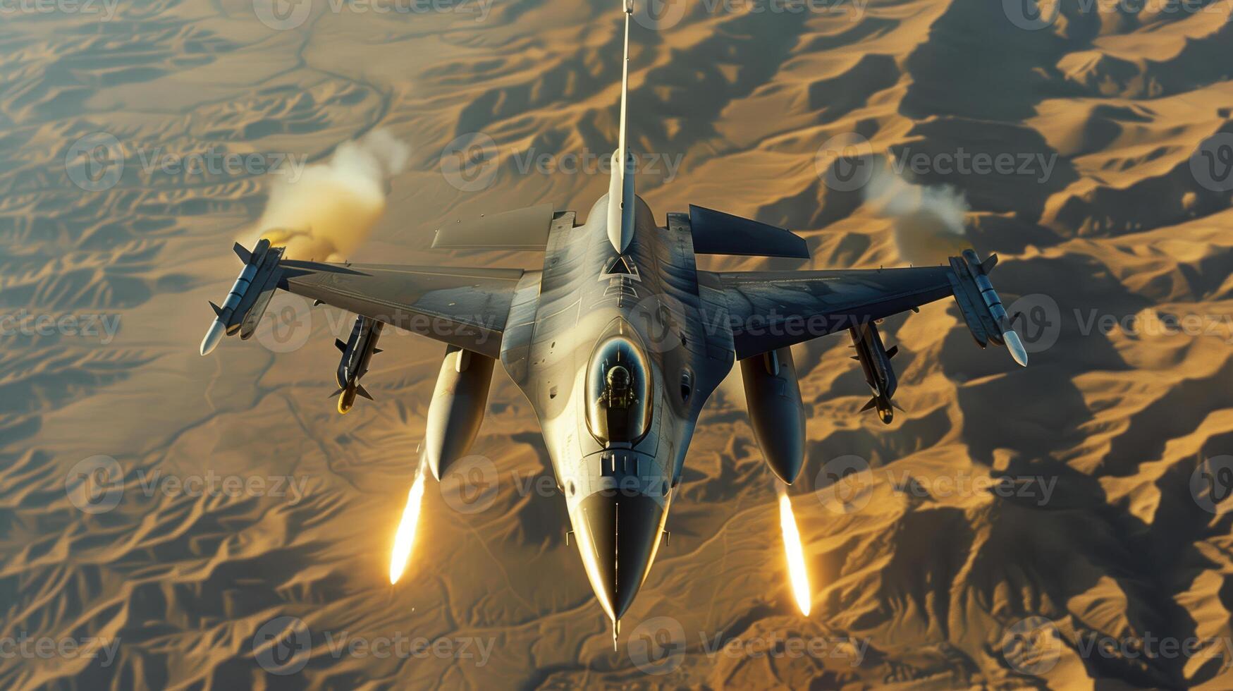F-16 Fighter Jet Flying High Above Desert Firing Missiles photo