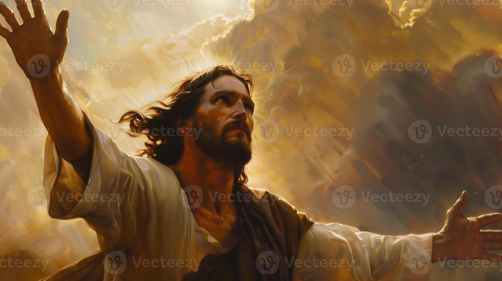 Jesus Christ With Open Arms Embracing Redemption And Hope Surrounded By Glorious Light photo