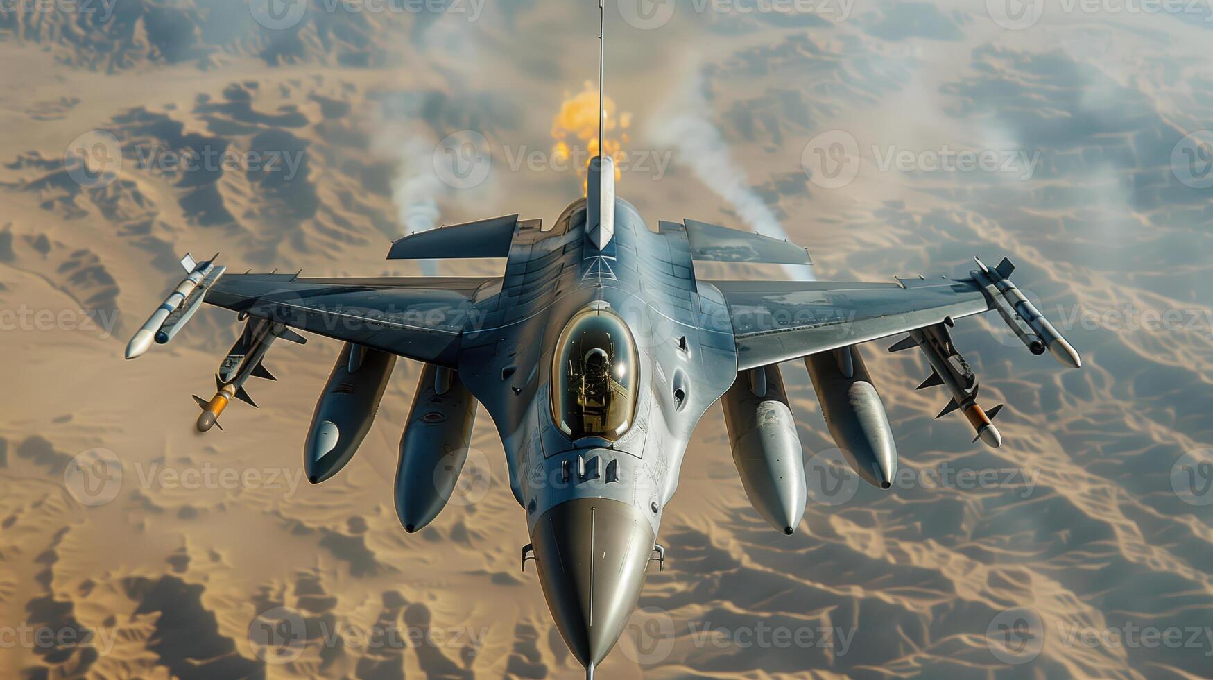 F-16 Fighter Jet Flying High Above the Desert with Missile Flares photo