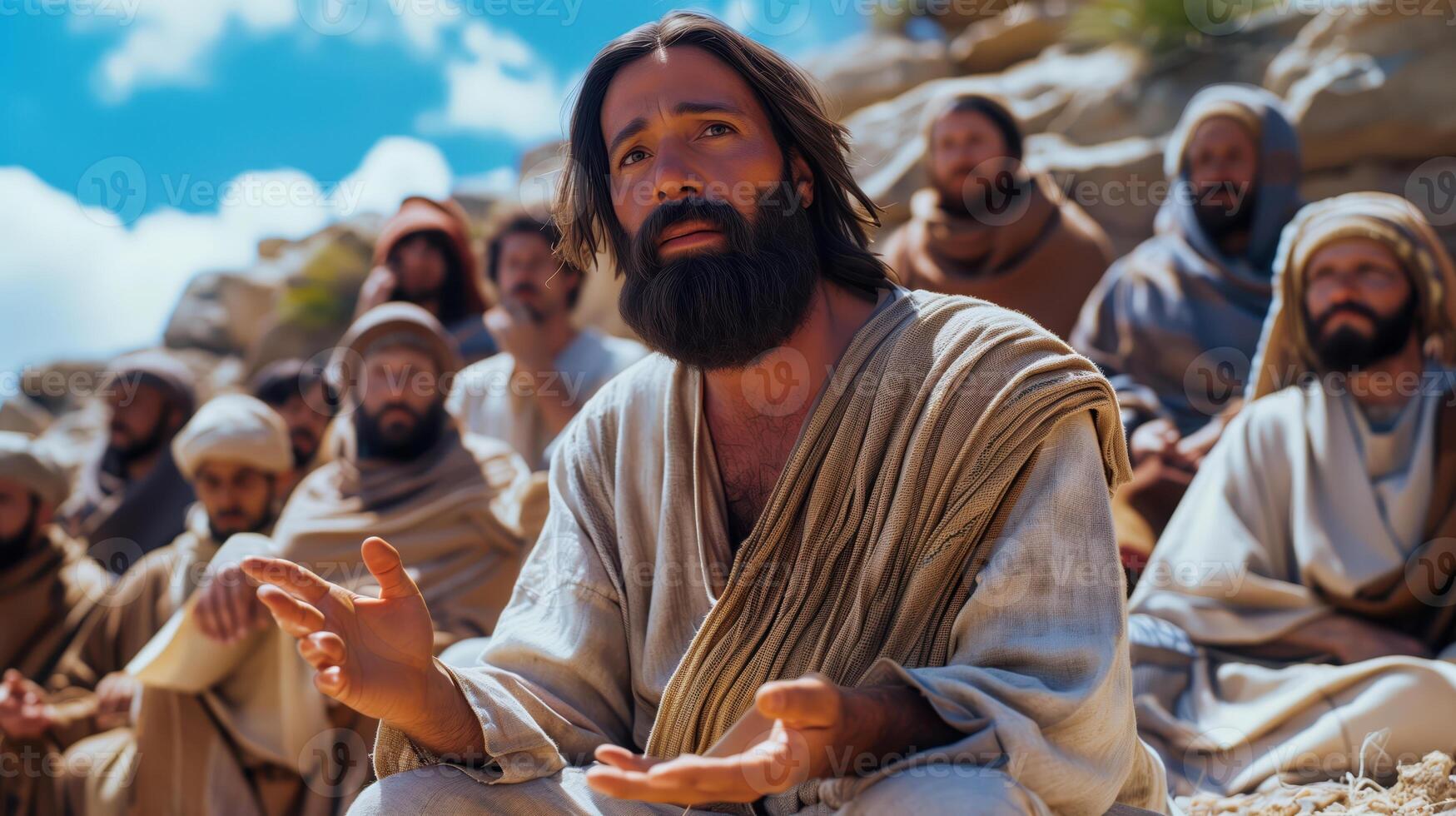Hyper-Realistic Depiction of Jesus during the Sermon on the Mount with Disciples photo