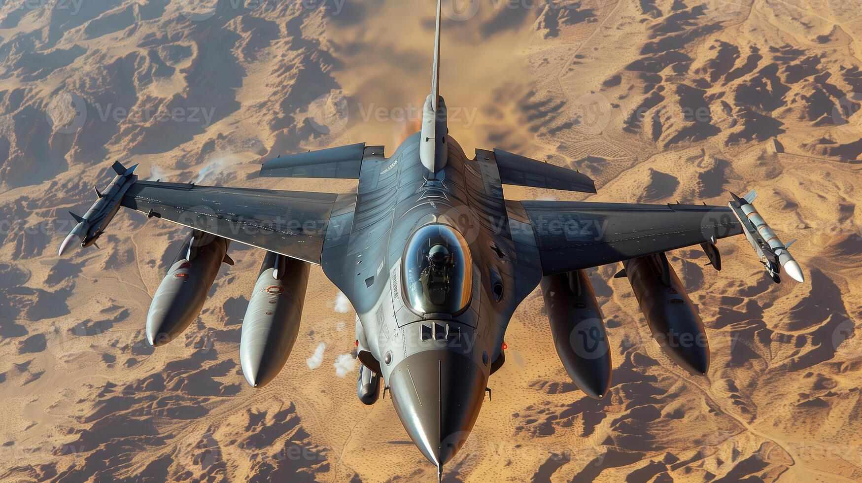F-16 Fighter Jet Flying High Above the Desert in a Clear Sky photo