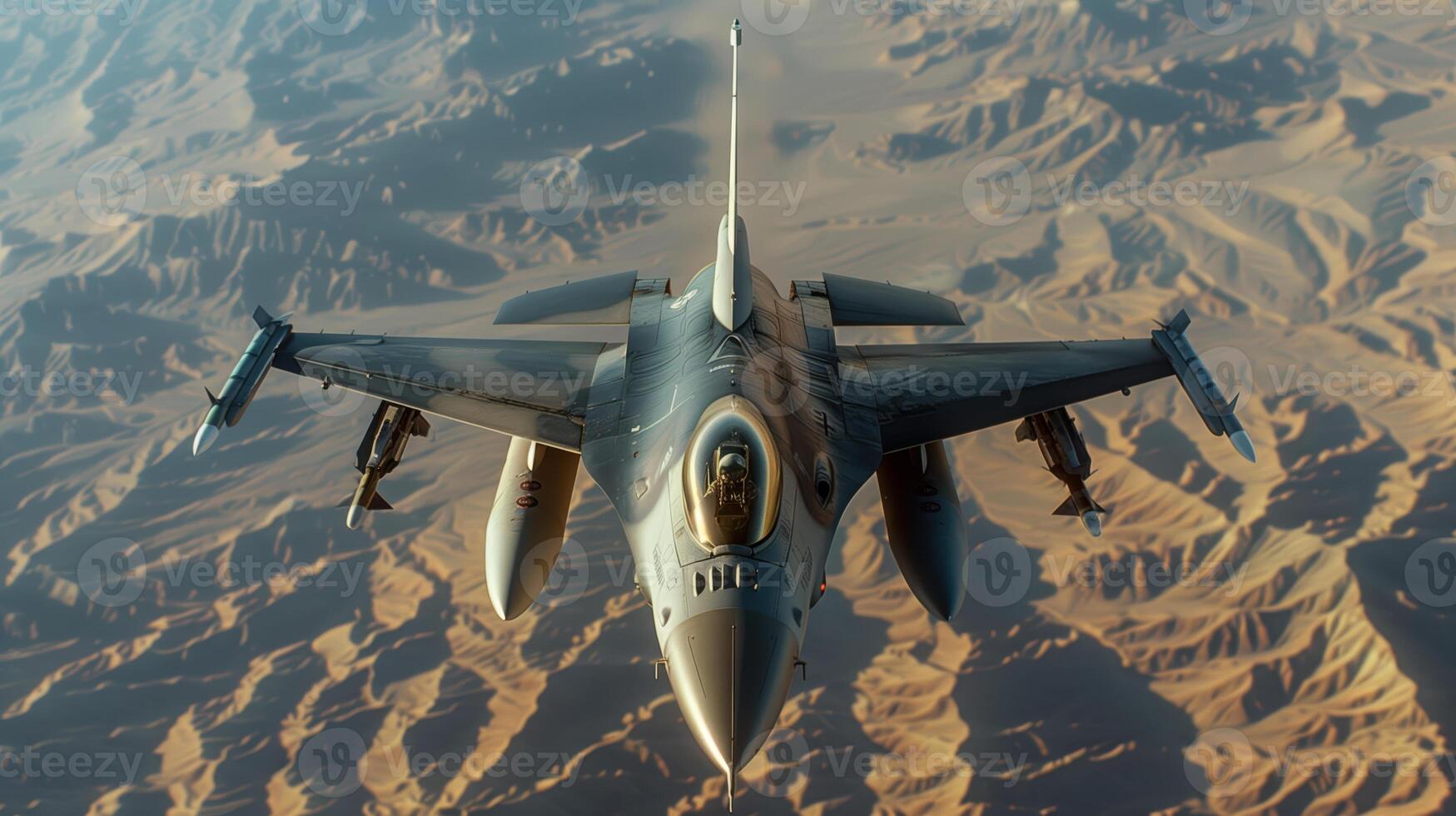 F-16 Fighter Jet Flying High Above the Desert in Dramatic Sunlight photo