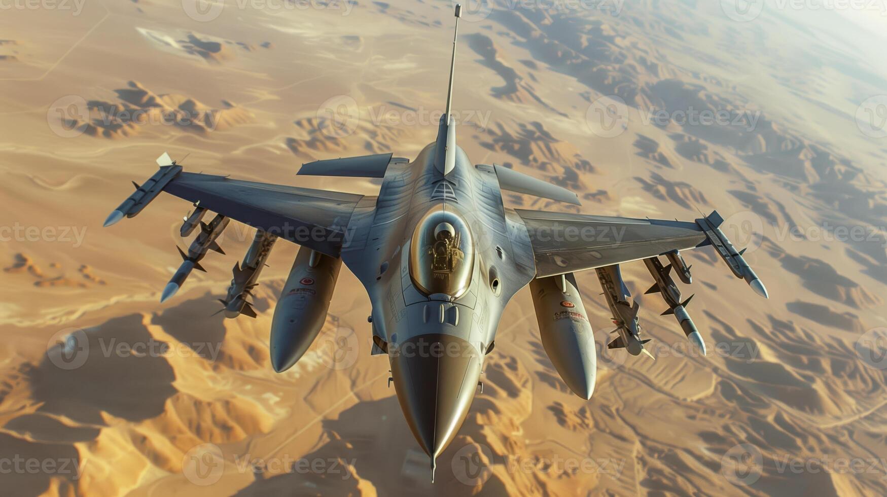 F-16 Fighter Jet Flying High Above Desert Landscape in Daylight photo