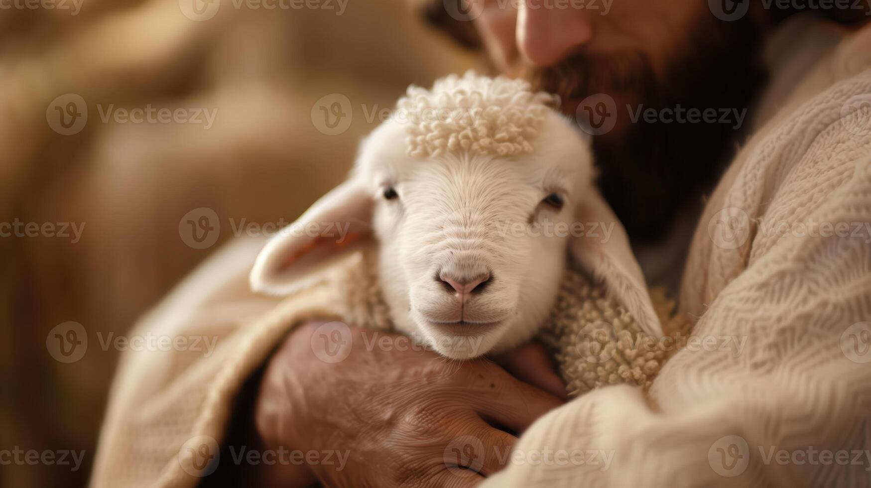 Close-Up of a Small White Lamb in the Arms of a Bearded Man photo
