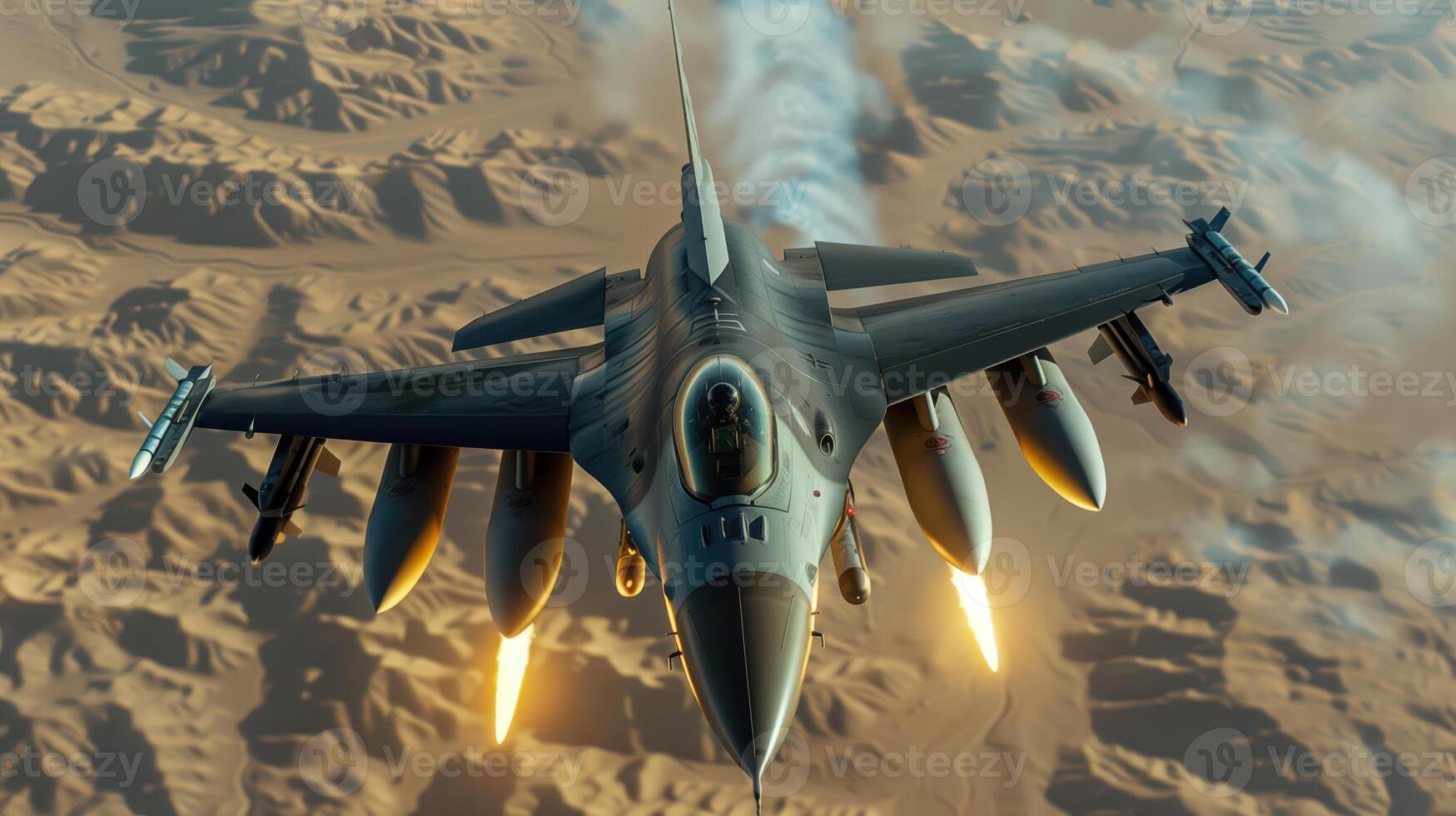 F-16 Fighter Jet Flying High Above The Desert In A Dynamic Maneuver photo