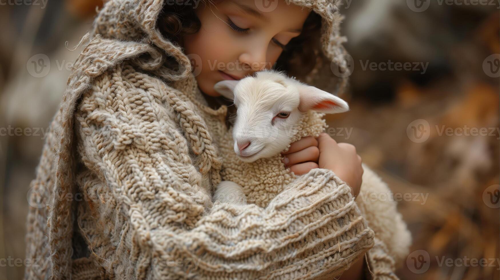 Child in Cozy Knit Sweater Tenderly Holding a Baby Lamb in Nature photo