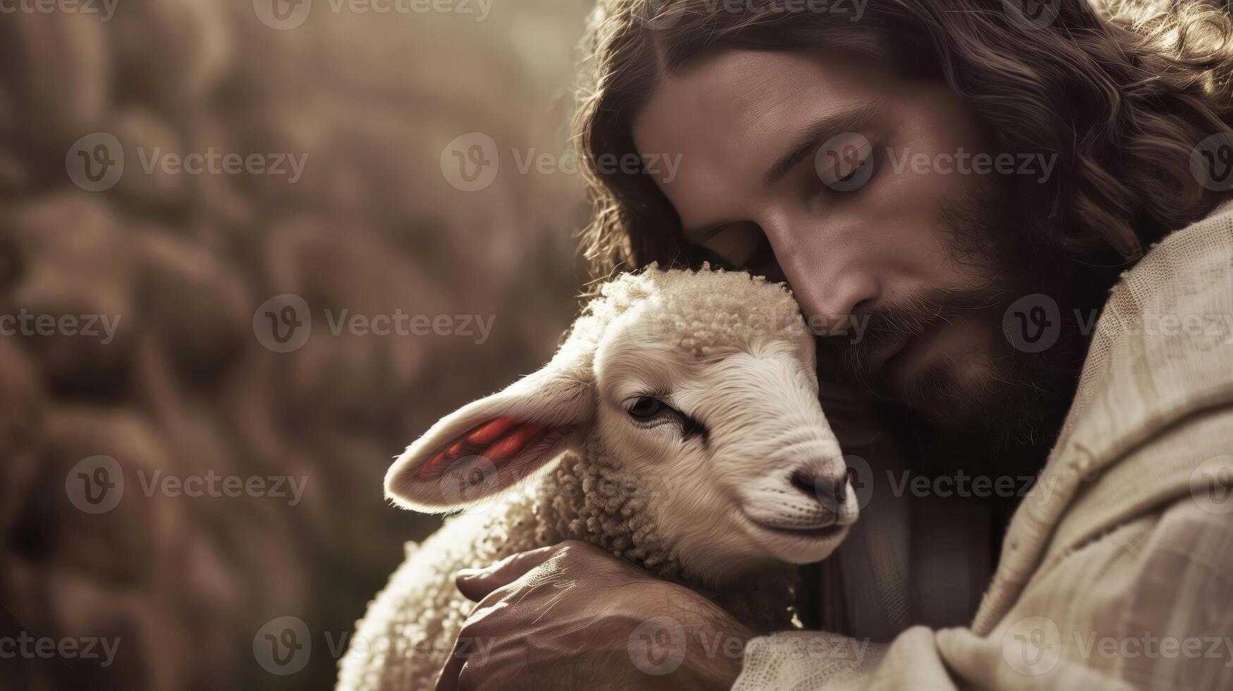 Close-Up Portrait of Jesus Christ Embracing a Gentle Lamb in a Serene and Peaceful Setting photo