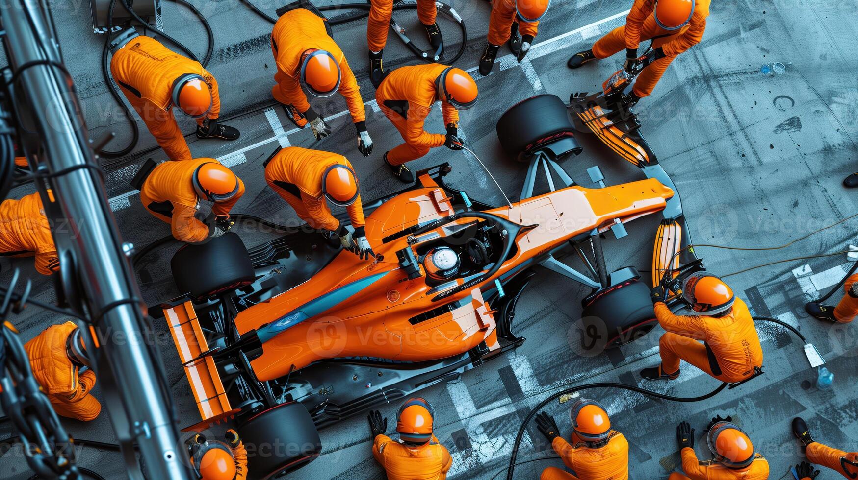 High-Angle View of Pit Crew in Orange Suits Servicing Formula One Car photo