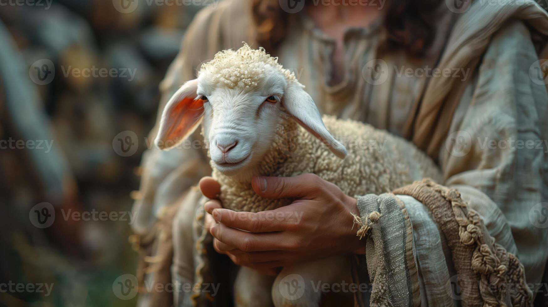Jesus Christ Gently Holding a Lamb in a Serene and Peaceful Setting photo