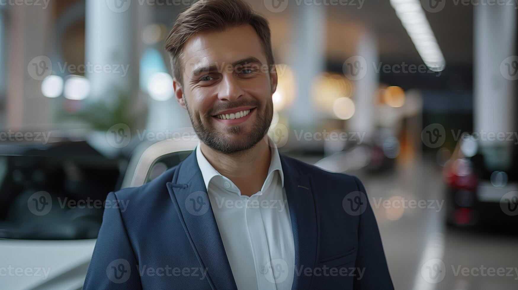 Professional Luxury Car Salesman Smiling in Modern Showroom photo