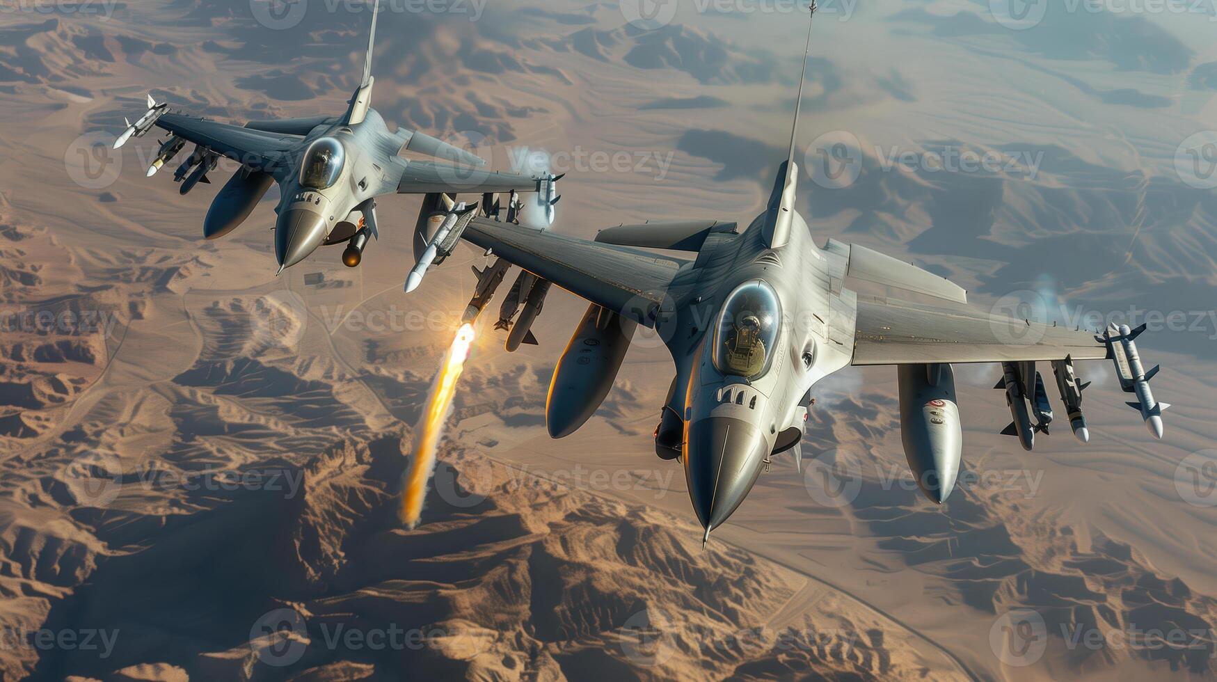Two F-16 Fighter Jets Flying High Above the Desert Landscape photo